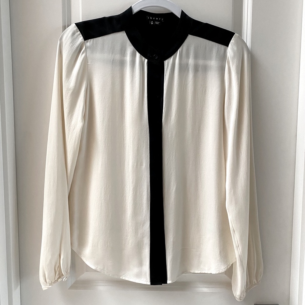 Theory Ivory & Black Silk Blouse size P/XS